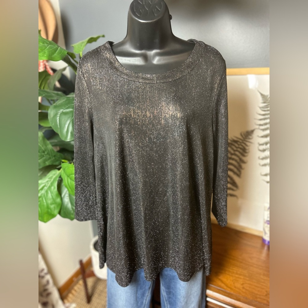 Anne Klein Stretchy Black and Gold Sparkle Shimmer Blouse Top Size L - Picture 2 of 6